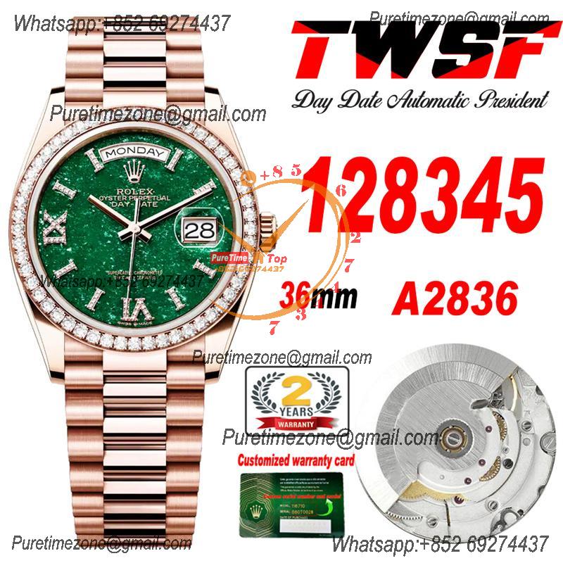 DayDate 36 128345 A2836 Auto Womens Watch Best Edition TWSF RG Diamonds Bezel Green Aventurine Dial President Bracelet