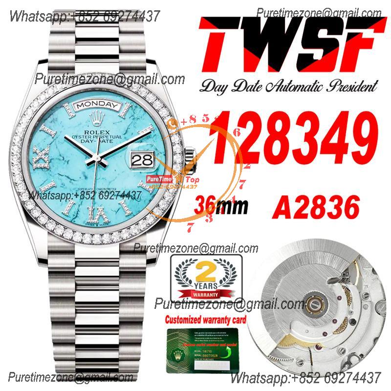 DayDate 36 128349 A2836 Automatic Womens Watch Best Edition TWSF Diamonds Bezel Turquoise Dial President Bracelet CHS