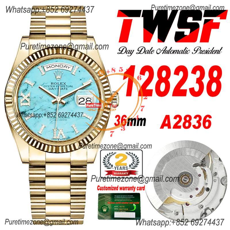 DayDate 36 128238 A2836 Automatic Womens Watch Best Edition TWSF YG Turquoise Dial President Bracelet CHS