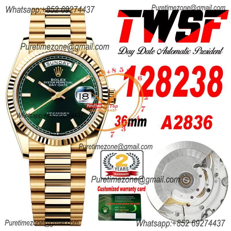 DayDate 36 128238 A2836 Automatic Womens Watch Best Edition TWSF YG Green Stick Dial President Bracelet CHS