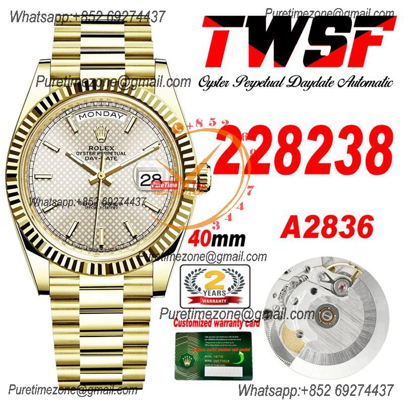 DayDate 40 228238 A2836 Automatic Mens Watch Best Edition TWS YG Silver Diagonal Motif Stick Dial President Bracelet CHS