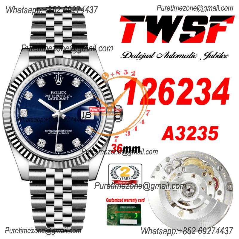 Datejust 36 126234 A3235 Automatic Mens Watch Best Edition TWSF Bright Blue Diamonds Dial Jibilee Bracelet CHS