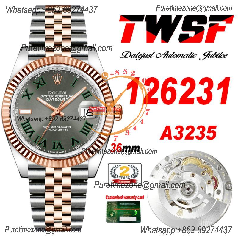 Datejust 36 126231 A3235 Auto Mens Watch Best Edition TWSF Two Tone RG Slate Grey Wimbledon Roman Dial Jibilee Bracelet