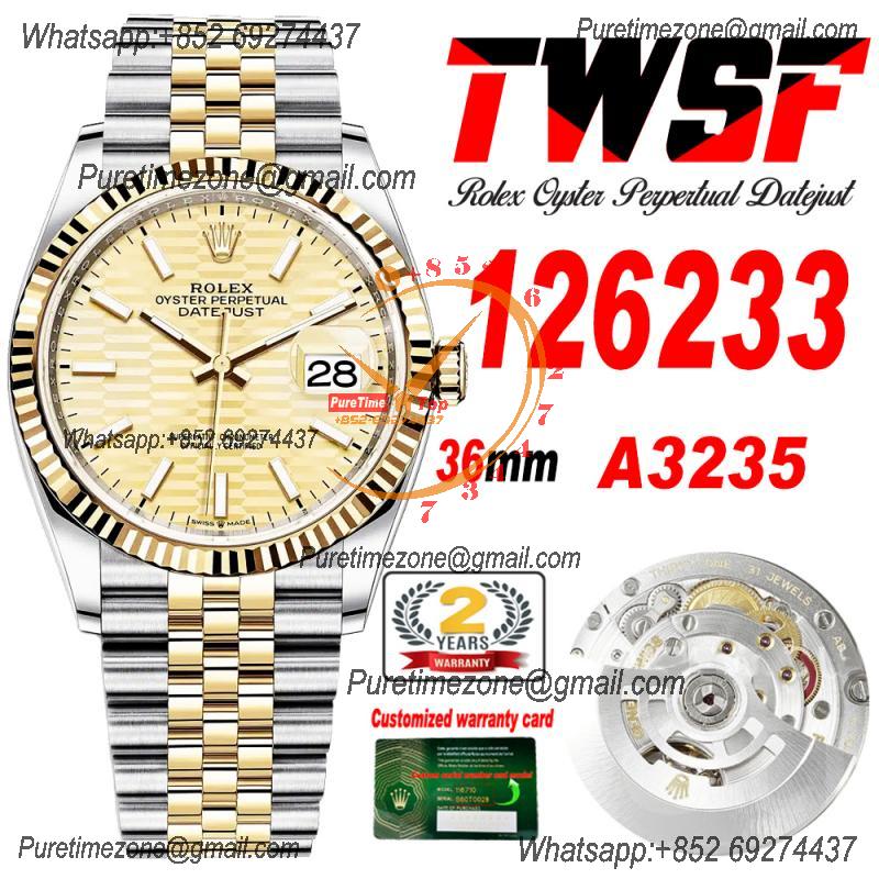 Datejust 36 126233 A3235 Auto Mens Watch Best Edition TWSF Two Tone YG Golden Fluted Motif Stick Dial Jibilee Bracelet