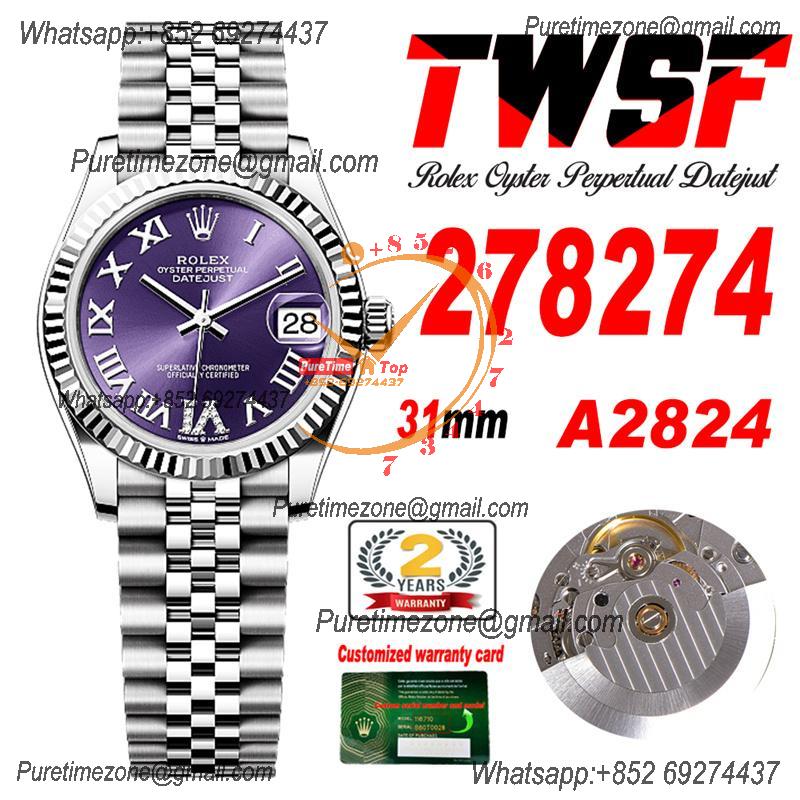 Datejust 31 278274 A2824 Auto Womens Watch Best Edition TWSF Purple Roman Dial Jibilee Bracelet Ladies