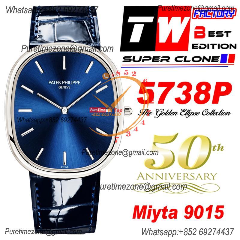 Golden Ellipse 5738P Miyota 9015 Automatic Mens Watch Best Edition TWF Steel Ebony Blue Sunburst Dial Leather Strap CHS