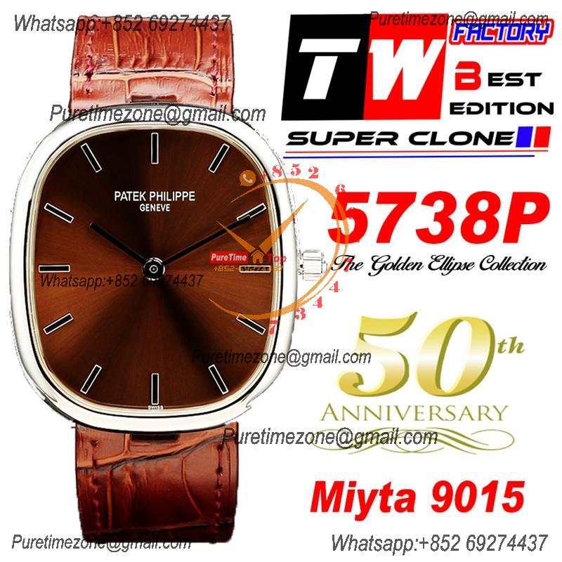 Golden Ellipse 5738P Miyota 9015 Automatic Mens Watch Best Edition TWF Steel Ebony Brown Sunburst Dial Leather Strap CHS