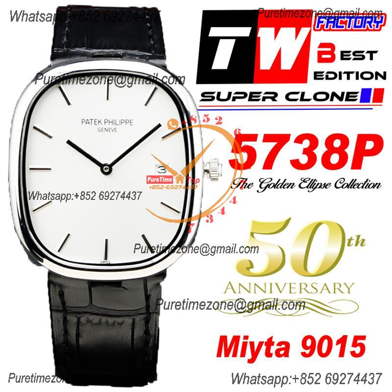 Golden Ellipse 5738P Miyota 9015 Automatic Mens Watch Best Edition TWF Steel Case White Dial Black Leather Strap CHS