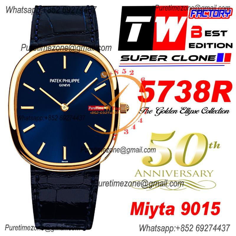 Golden Ellipse 5738R Miyota 9015 Automatic Mens Watch Best Edition TWF Yellow Gold Blue Dial Leather Strap CHS