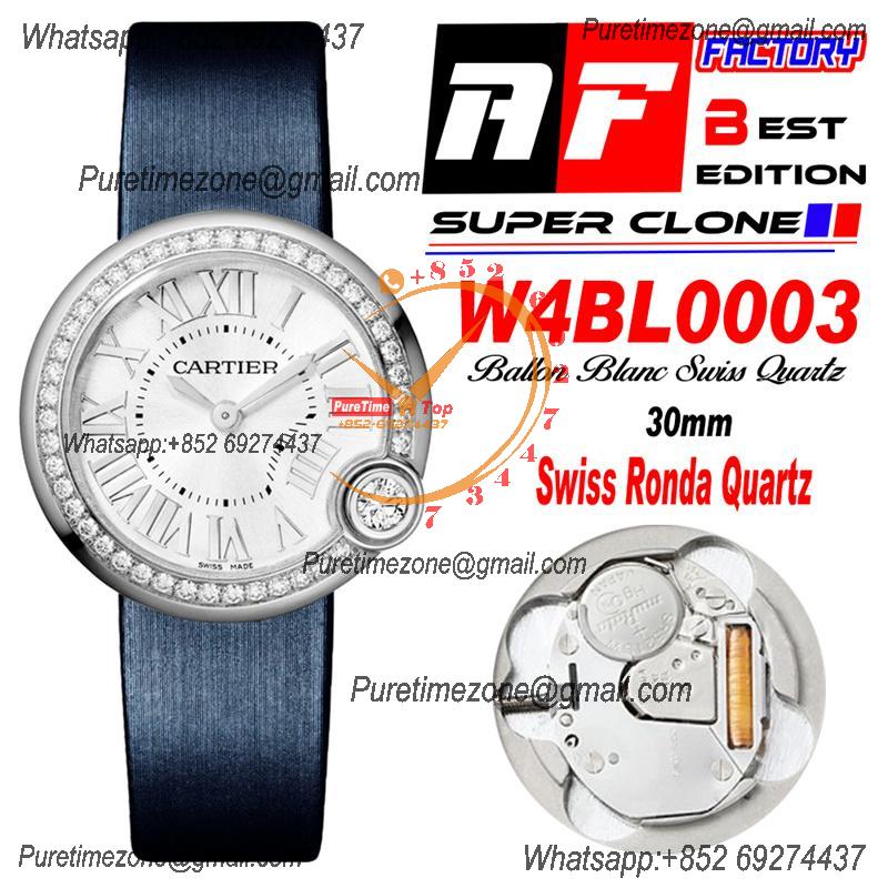 Ballon Blanc W4BL0003 30mm Ronda Quartz Womens Watch Best Edition AF Silver Dial Diamonds Bezel Blue Fabric Strap