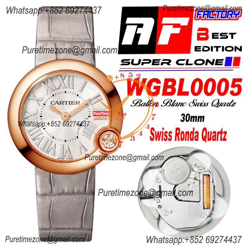 Ballon Blanc WGBL0005 30mm Ronda Quartz Womens Watch Best Edition AF RG Silver Dial Gray Leather Strap Ladies