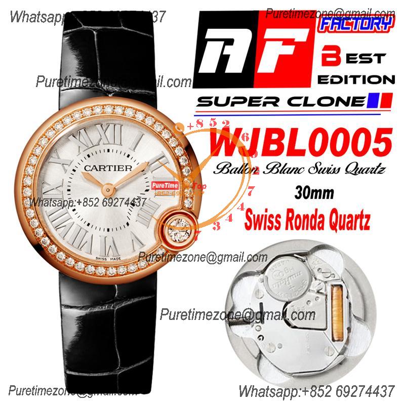 Ballon Blanc WJBL0005 30mm Ronda Quartz Womens Watch Best Edition AF RG Diamond Bezel Silver Dial Black Leather Strap