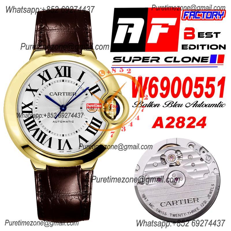 Ballon Bleu W6900551 42mm A2824 Automatic Mens Watch Best Edition AF YG Silver Dial Brown Leather Strap