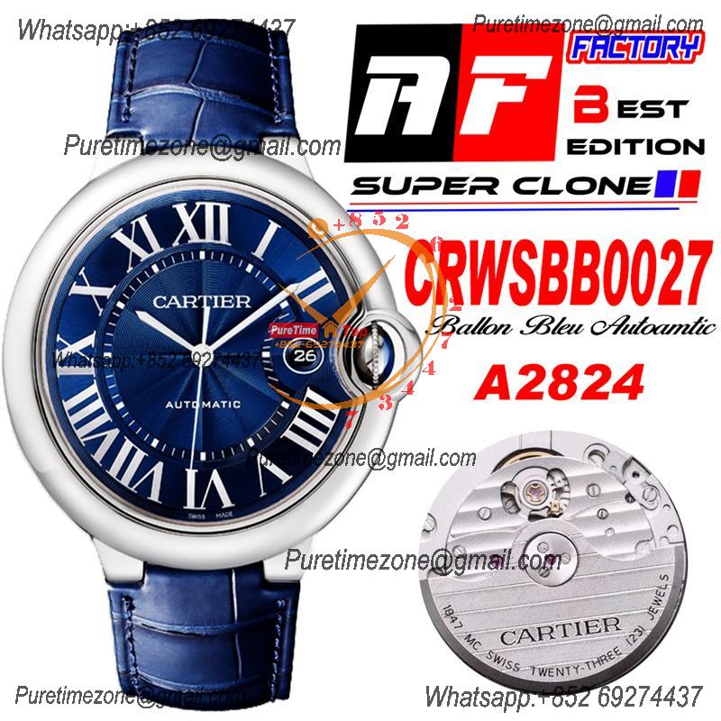 Ballon Bleu WSBB0027 42mm A2824 Automatic Mens Watch Best Edition AF Steel Case Blue Dial Leather Strap