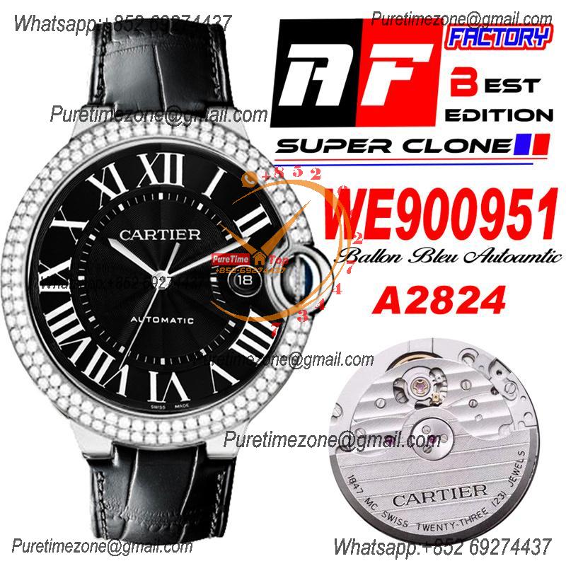 Ballon Bleu WE900951 42mm A2824 Automatic Mens Watch Best Edition AF Diamonds Bezel Black Dial Leather Strap