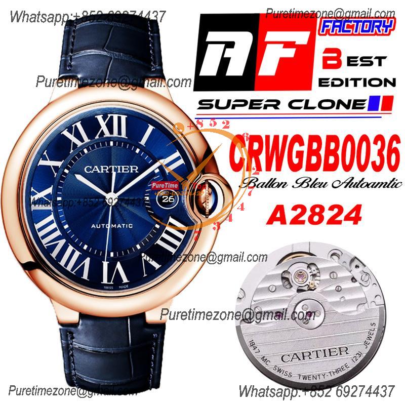 Ballon Bleu WGBB0036 42mm A2824 Automatic Mens Watch Best Edition AF Rose Gold Blue Dial Leather Strap