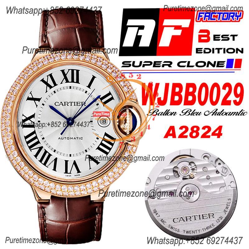 Ballon Bleu WJBB0029 42mm A2824 Automatic Mens Watch Best Edition AF RG Diamond Bezel Silver Dial Brown Leather Strap