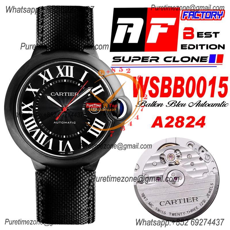 Ballon Bleu WSBB0015 42mm A2824 Automatic Mens Watch Best Edition AF PVD Steel All Black Dial Leather Strap