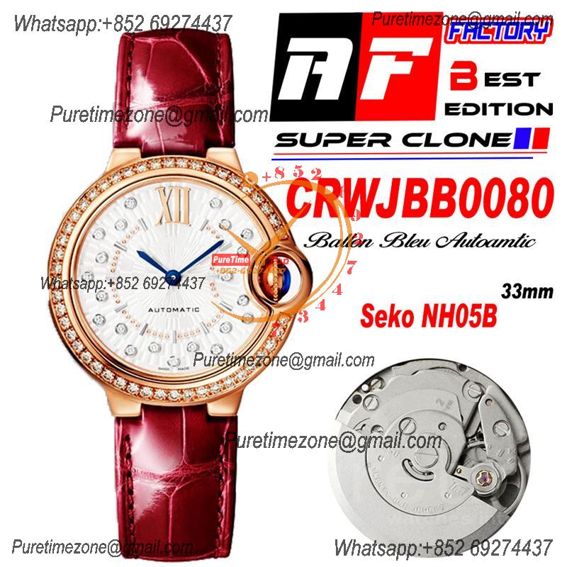 Ballon Bleu WJBB0080 SEIKO NH05A Automatic Womens Watch Best Edition AF 33 Diamond Bezel RG Silver Dial Red Leather