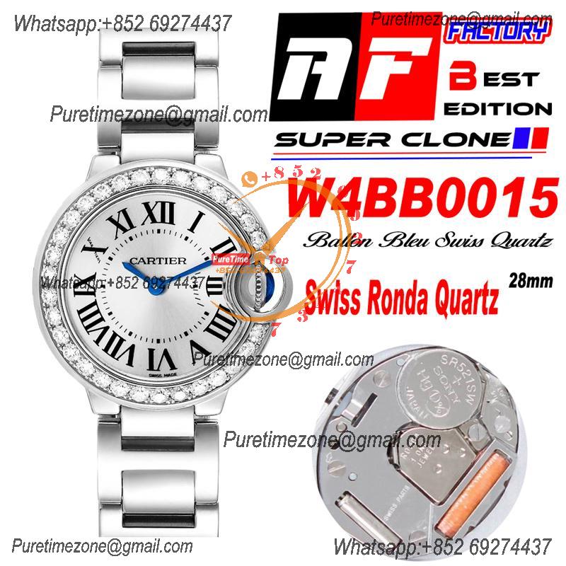 Ballon Bleu W4BB0015 Ronda Quartz Womens Watch Best Edition AF 28mm Diamond Bezel Silver Dial SS Bracelet