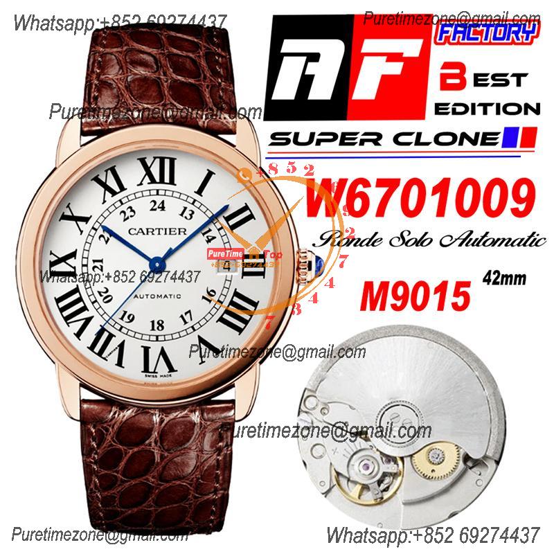 Ronde Solo W6701009 M9015 Automatic Mens Watch Best Edition AF 42mm Rose Gold White Dial Brown Leather Strap