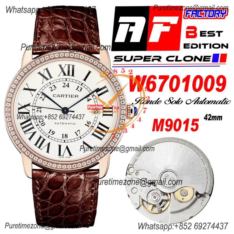 Ronde Solo W6701009 M9015 Automatic Mens Watch Best Edition AF 42mm RG Diamond Bezel White Dial Brown Leather