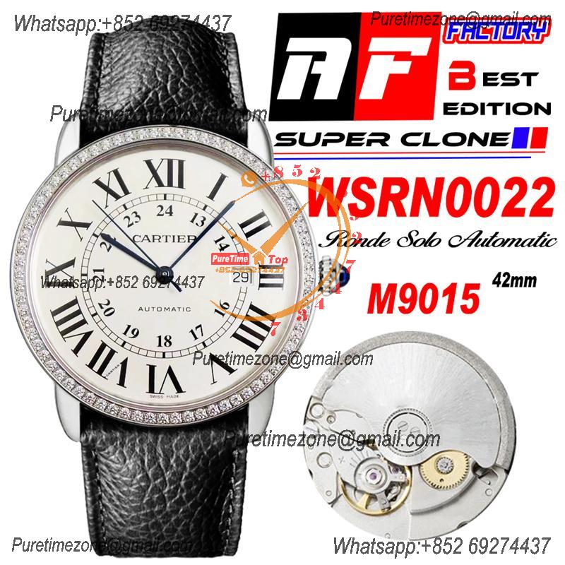 Ronde Solo WSRN0022 M9015 Automatic Mens Watch Best Edition AF 42mm Diamond Bezel White Dial Black Leather