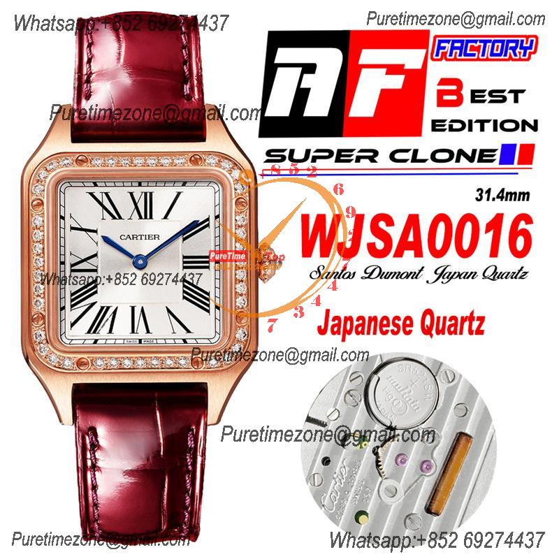 Santos Dumont WJSA0016 31.4mm Japan Quartz Womens Watch Best Edition AF RG Diamond Bezel  Silver Dial Red Leather