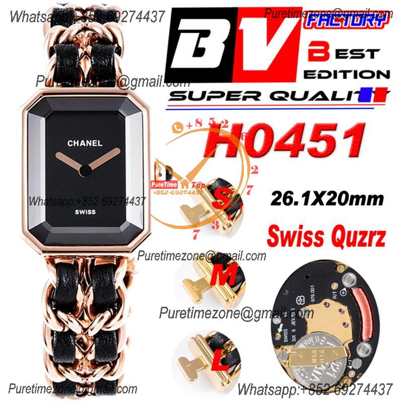 Premiere H0451 Swiss Quartz Womens Watch Best Edition BVF Rose Gold Black Dial Interwoven Leahter Strap Ladies