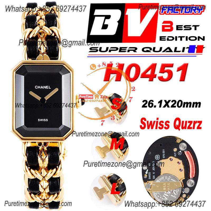 Premiere H0451 Swiss Quartz Womens Watch Best Edition BVF Yellow Gold Black Dial Interwoven Leahter Strap Ladies