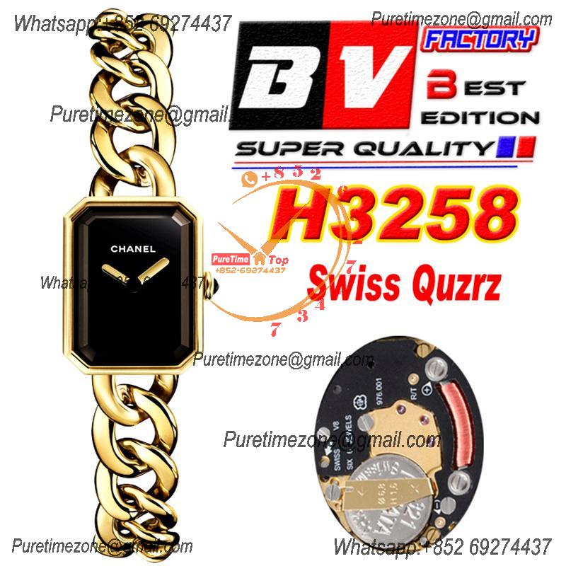 Premiere H3256 Swiss Quartz Womens Watch Best Edition BVF Yellow Gold Black Dial SS Bracelet Ladies