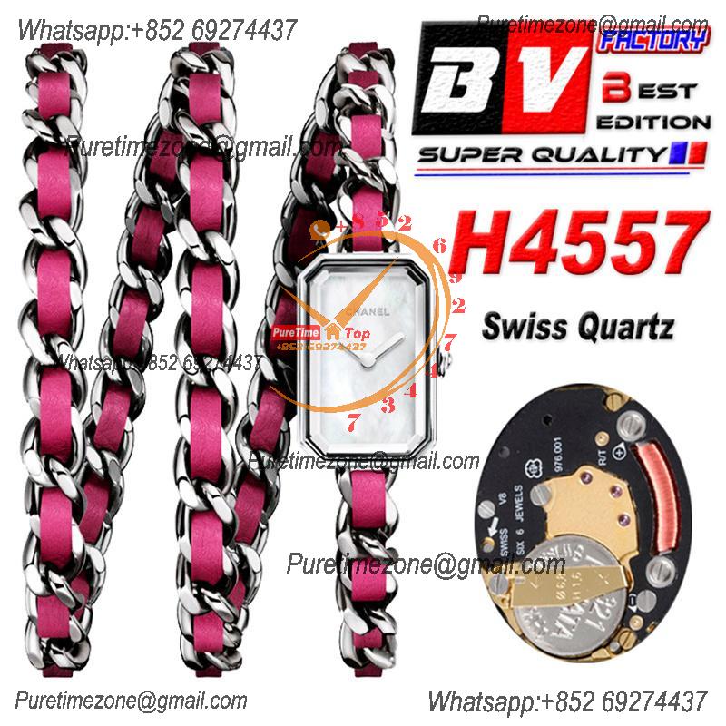 Premiere H4557 Swiss Quartz Womens Watch Best Edition BVF Steel Case MOP Dial Pink Interwoven Leahter Strap Ladies