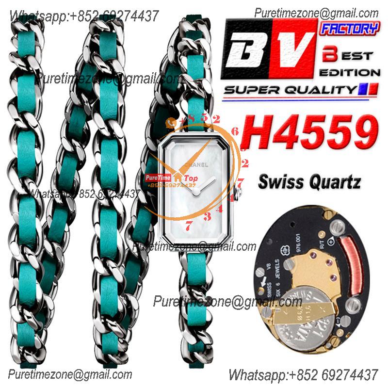 Premiere H4559 Swiss Quartz Womens Watch Best Edition BVF Steel Case MOP Dial Blue Interwoven Leahter Strap Ladies