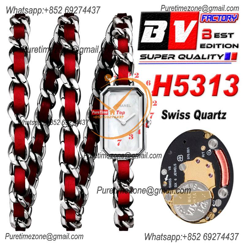 Premiere H5313 Swiss Quartz Womens Watch Best Edition BVF Steel Case MOP Dial Red Interwoven Leahter Strap Ladies