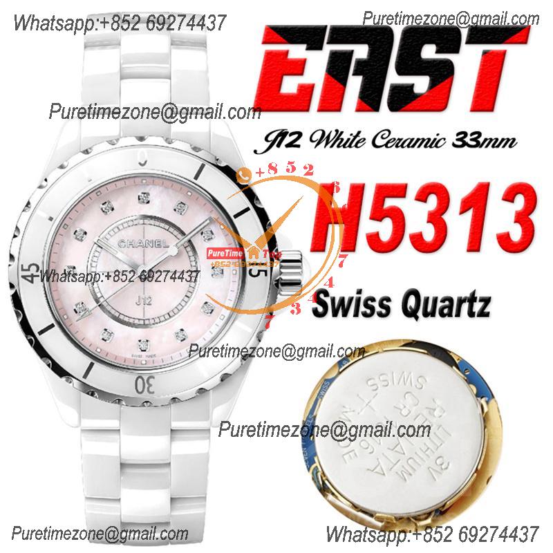 J12 H5313 33mm Swiss Quartz Womens Watch Best Edition EAST White Korea Ceramic Pink Diamond Dial on Bracelet