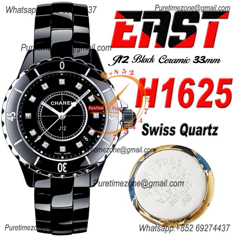 J12 H1625 33mm Swiss Quartz Womens Watch Best Edition EAST Black Korea Ceramic Black Diamond Dial on Bracelet