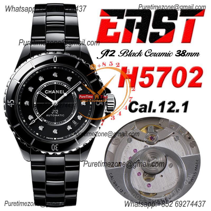 J12 H5702 38mm A12.1 Automatic Unisex Watch Best Edition EAST Black Ceramic Black Diamonds Dial on Bracelet