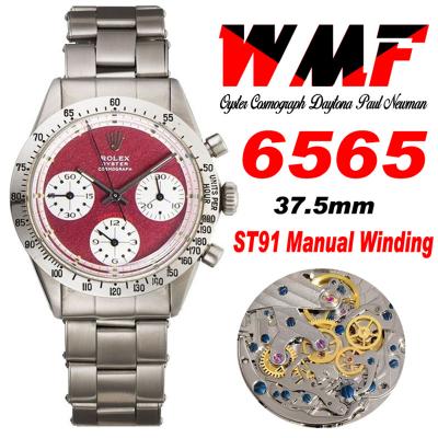 Daytona Paul Newman ST91 Manual Winding Chronograph Mens Watch Best Edition WMF 37.5 Red White Dial SS Oyster Bracelet