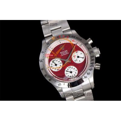 Daytona Paul Newman ST91 Manual Winding Chronograph Mens Watch Best Edition WMF 37.5 Red White Dial SS Oyster Bracelet