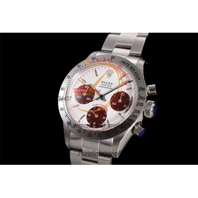 Daytona Paul Newman ST91 Manual Winding Chronograph Mens Watch Best Edition WMF 37.5 White Red Dial SS Oyster Bracelet