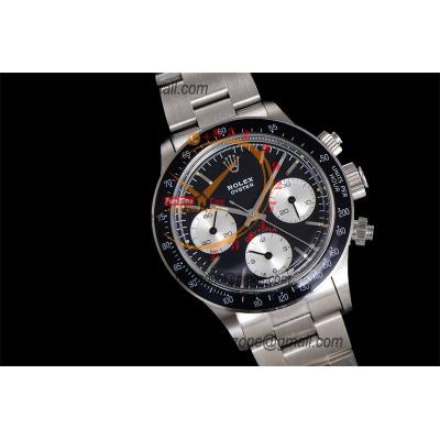 Daytona Paul Newman ST91 Manual Winding Chronograph Mens Watch Best Edition WMF 37.5 Black Silver Dial SS Oyster Bracele