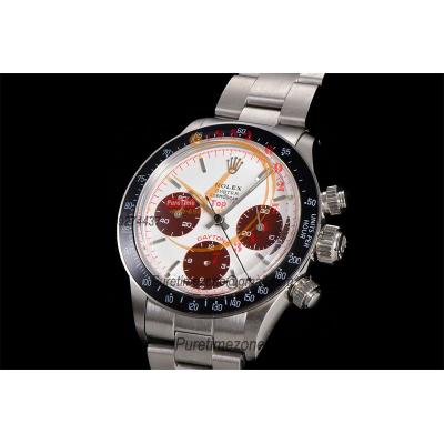 Daytona Paul Newman ST91 Manual Winding Chronograph Mens Watch Best Edition WMF 37.5 White Red Dial SS Oyster Bracelet