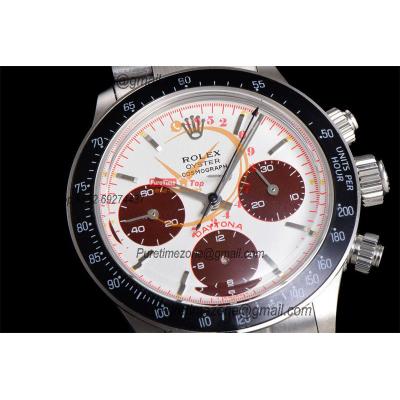 Daytona Paul Newman ST91 Manual Winding Chronograph Mens Watch Best Edition WMF 37.5 White Red Dial SS Oyster Bracelet