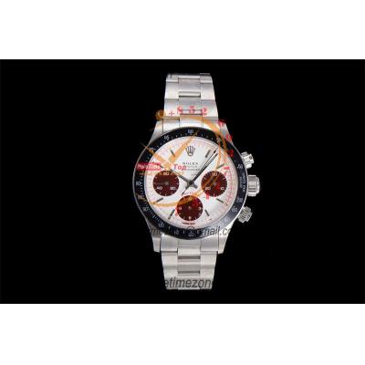 Daytona Paul Newman ST91 Manual Winding Chronograph Mens Watch Best Edition WMF 37.5 White Red Dial SS Oyster Bracelet