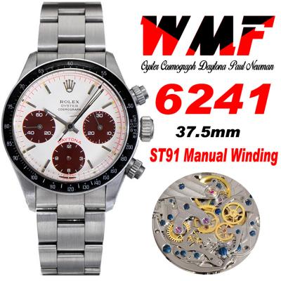 Daytona Paul Newman ST91 Manual Winding Chronograph Mens Watch Best Edition WMF 37.5 White Red Dial SS Oyster Bracelet