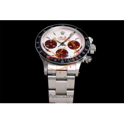 Daytona Paul Newman ST91 Manual Winding Chronograph Mens Watch Best Edition WMF 37.5 White Red Dial SS Oyster Bracelet