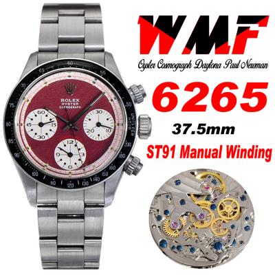 Daytona Paul Newman ST91 Manual Winding Chronograph Mens Watch Best Edition WMF 37.5 Red White Dial SS Oyster Bracelet