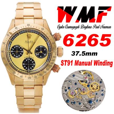 Daytona Paul Newman ST91 Manual Winding Chronograph Mens Watch Best Edition WMF YG 37.5 Yellow Dial SS Oyster Bracelet