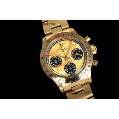 Daytona Paul Newman ST91 Manual Winding Chronograph Mens Watch Best Edition WMF YG 37.5 Yellow Dial SS Oyster Bracelet