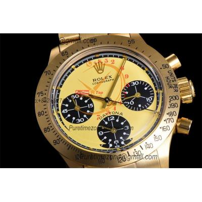 Daytona Paul Newman ST91 Manual Winding Chronograph Mens Watch Best Edition WMF YG 37.5 Yellow Dial SS Oyster Bracelet